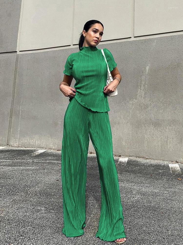 

Women' Two Piece Pants Summer Turtleneck T-Shirts Set Women 2 Pieces Blue Pleated High Waist Casual Slim Wide Trouser Suits, Black