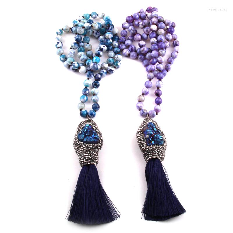 

Pendant Necklaces MOODPC Fashion Bohemian Tribal Jewelry Facet Blue Agat Stone Knotted Crystal Pave Tassel Necklace For Women