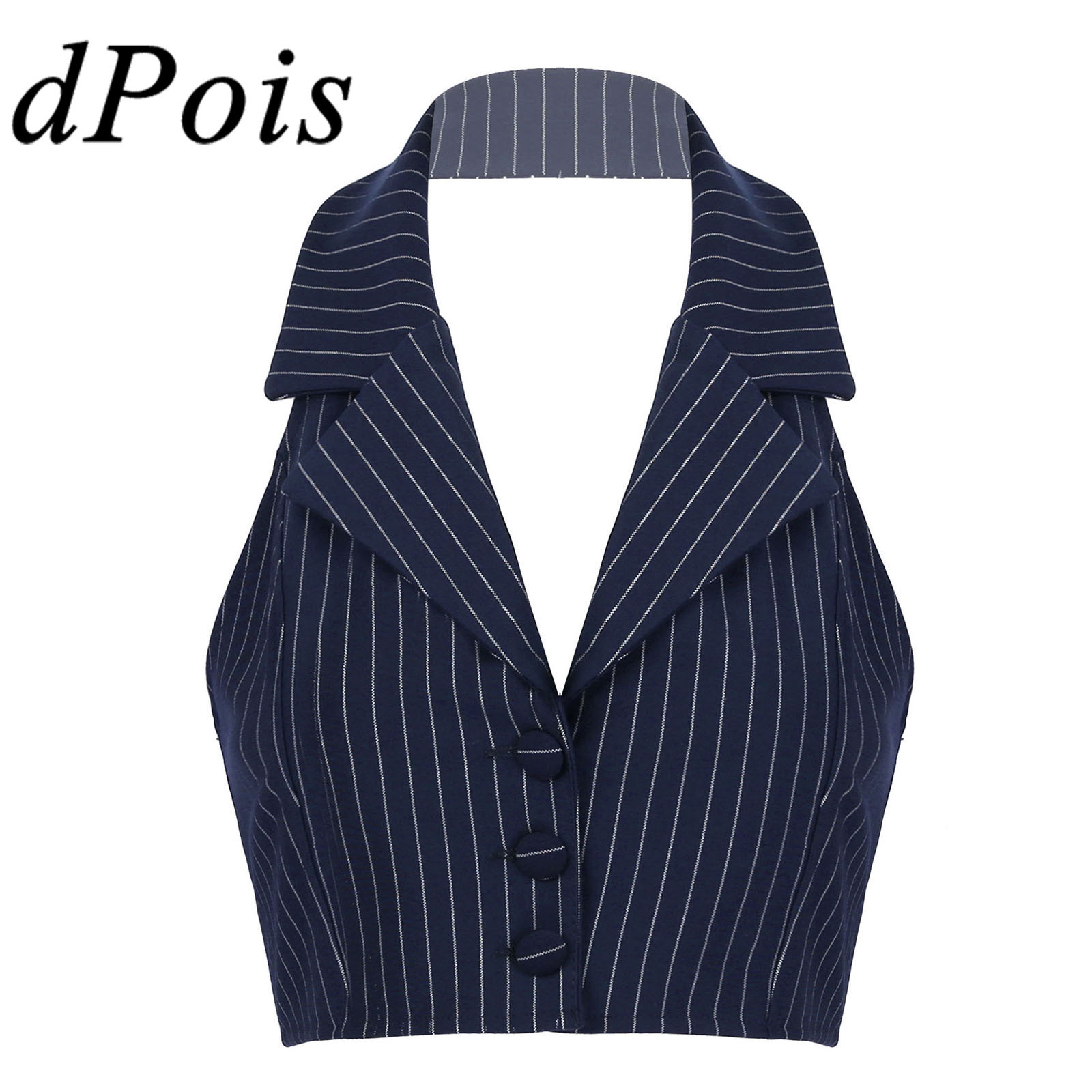 

Women' Vests Womens Stripe Elegant OL Waistcoat Suit Vest Halter Neck V-Neck Office Ladies Crop Tops Business Formal Work Wear Mujer 221114, Navy blue