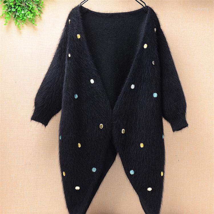 

Women's Knits Ladies Women Black Real Mink Cashmere Sweater Coat Medium Long Angora Fur Half-sleeves Beading Cardigan Winter