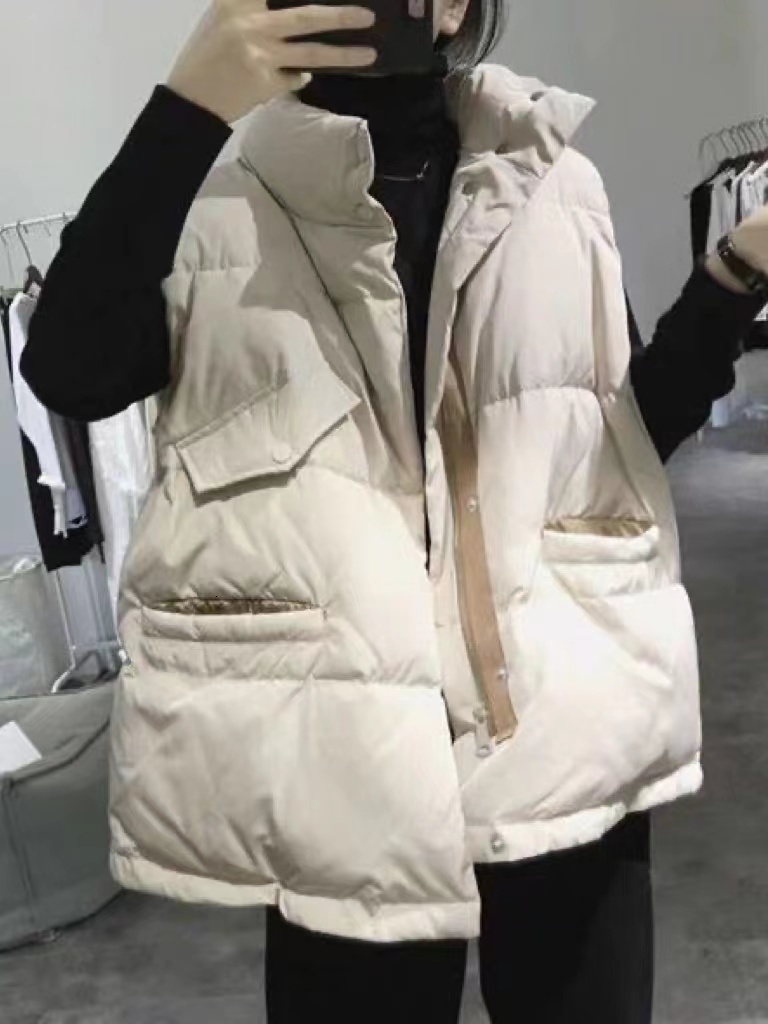 

Women's Vests Autumn Winter Loose Women Cotton Puffer Solid Sleeveless Parkas Jacket Female Casual Stand Collar Warm Plus Size 221114, Black