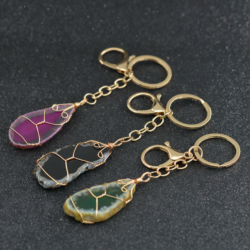 

Gold Wire Wrap Key Rings Diy Raw Natural Stone Agate Healing Crystal Keychain Bag Hangings for Women Men Fine Fashion Jewelry