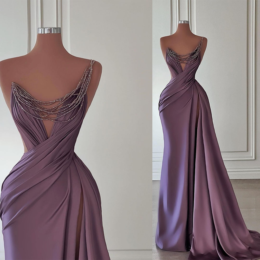 

Elegant Prom Dresses Mermaid Unique Deisign Beaded Chain Decoration V-Neck One Shoulder Soft Stain Split Court Gown Custom Made Plus Size Robes, White