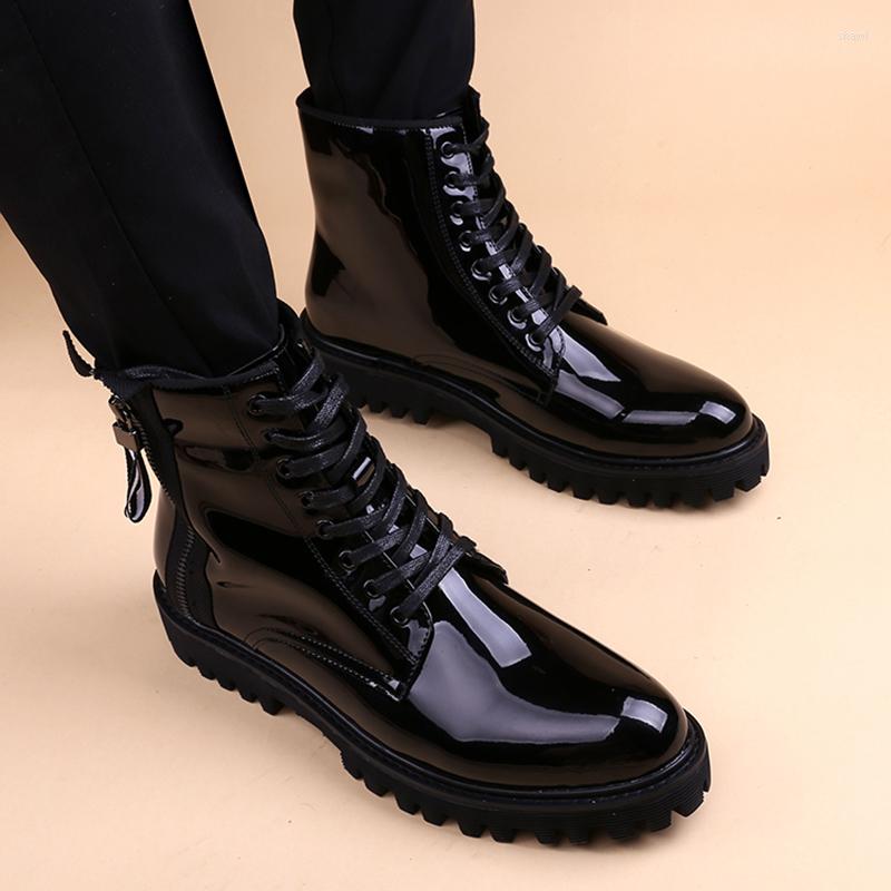 

Boots British Style Men Luxury Fashion Bright Patent Leather Black Platform Shoes Designer Ankle Boot Cowboy Botas Zapato Hombre, Black with cotton