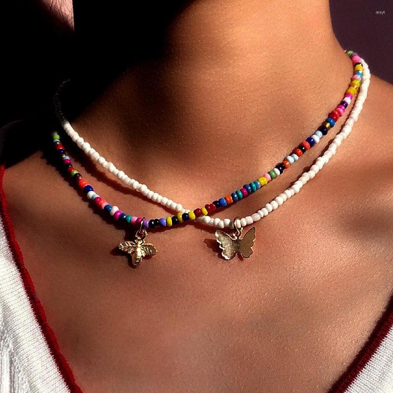 

Choker Boho Metal Bee Butterfly Pendant Beads Necklace For Women Multicolor White Bead Necklaces Sweet Fashion Jewelry 2022