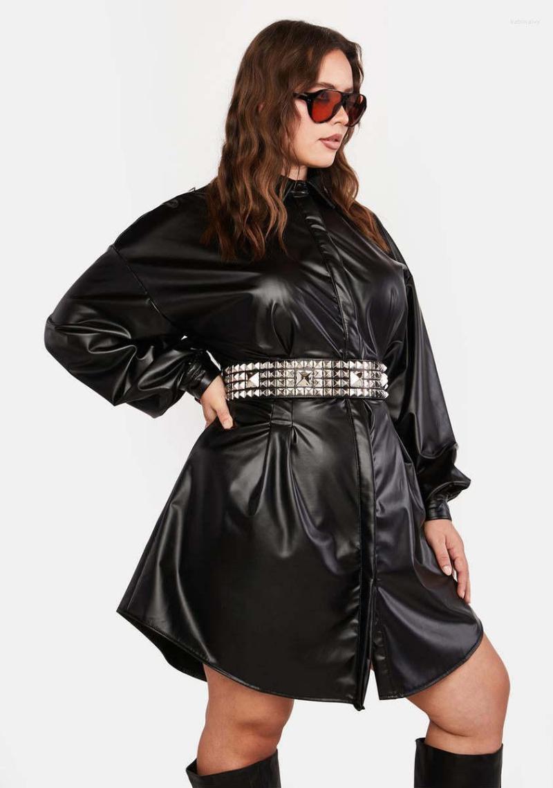

Plus Size Dresses Leather Dress Long Shirt Nipped Waist Everyday High Street Mid Length Bright Collar, Black