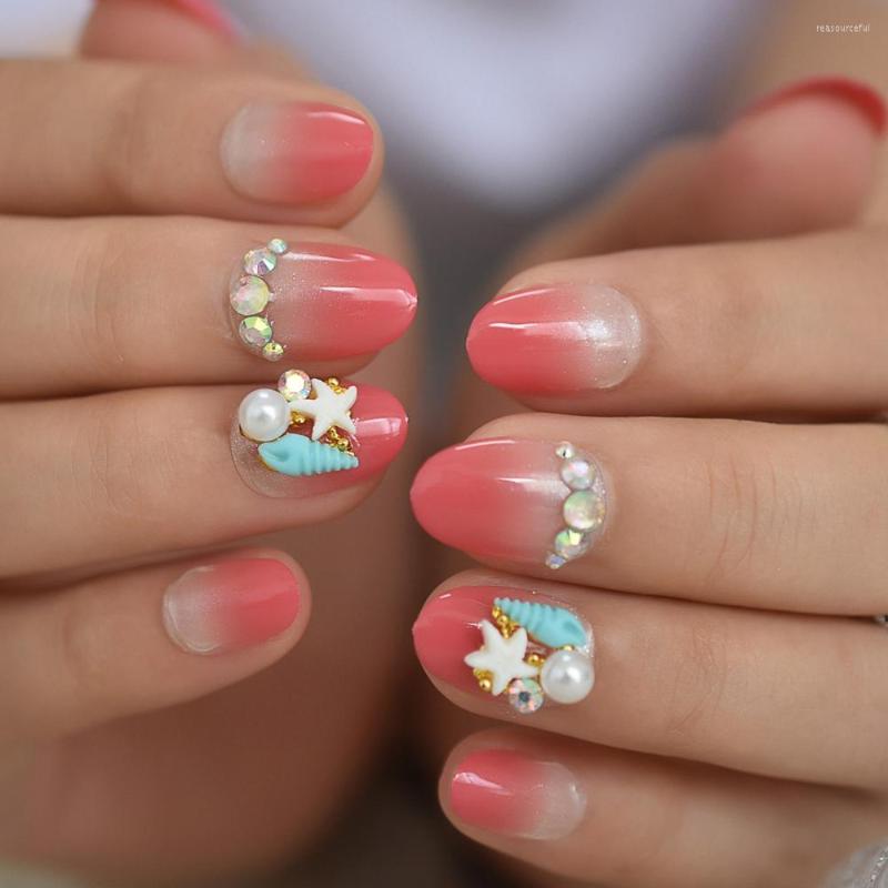 

False Nails Gradient Pink French Fake Small Conch Round Gel Press On For Girl Full Cover Finger Daily Wear Faux Ongles, L5211