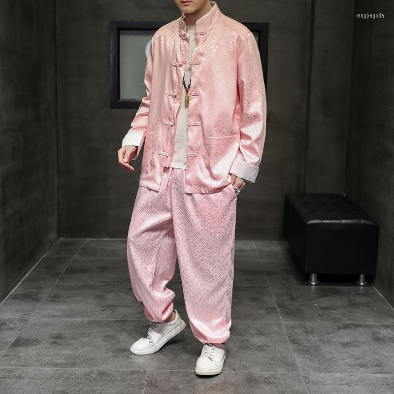 

Ethnic Clothing 2022 Pink Chinoiserie Buckle Ice Silk Jacquard Tang Suit Two Piece Set Hanfu Satin Traditional Chinese For Mens
