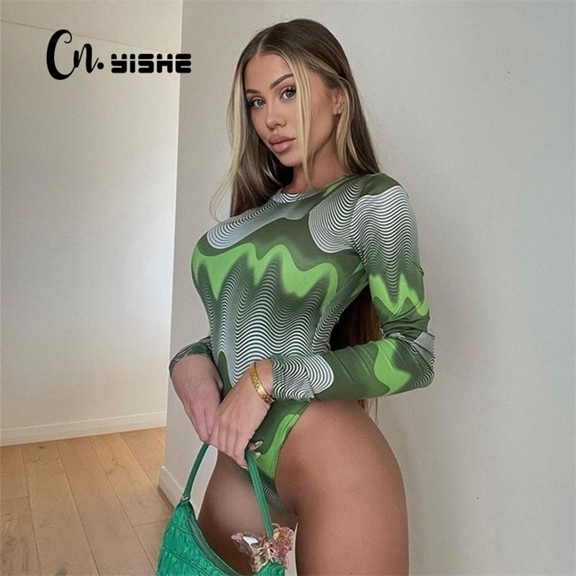 

Womens Jumpsuits Rompers CNYISHE Winter Long Sleeve Oneck Bodysuit Fashion Print High Street Women Female Overalls Tops 221113, Green