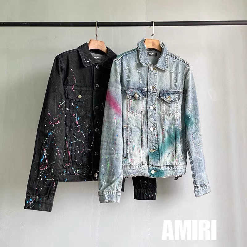 

Men Designer Coats Amri Fashion Jackets Special Street Hip Hop Men' and Women' High Brand Jacket Speckle Ink Broken Denim Shirt Casual Fit, Blue