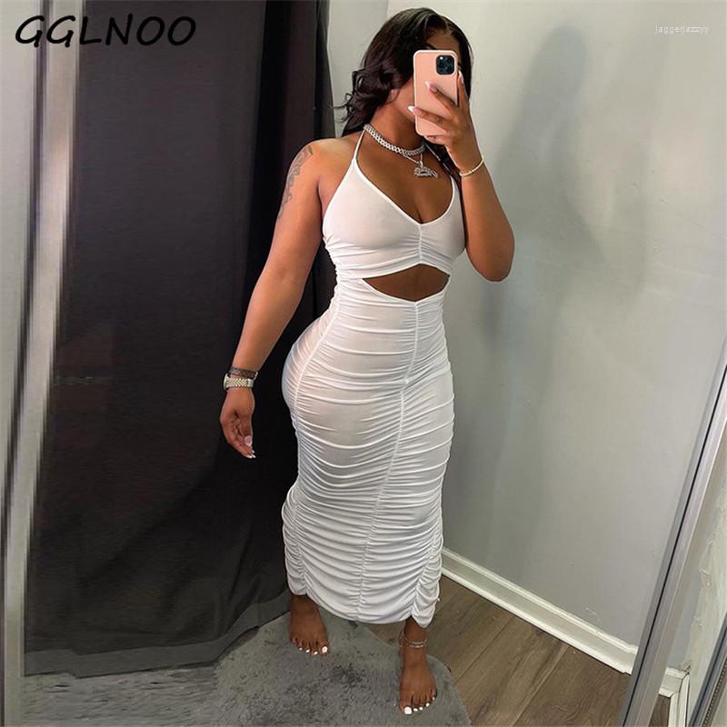 

Casual Dresses GGLNOO Sexy White Bodycon For Women 2022 Party Night Club Outfits Cut Out Ruched Halter Backless Long Dress, Black