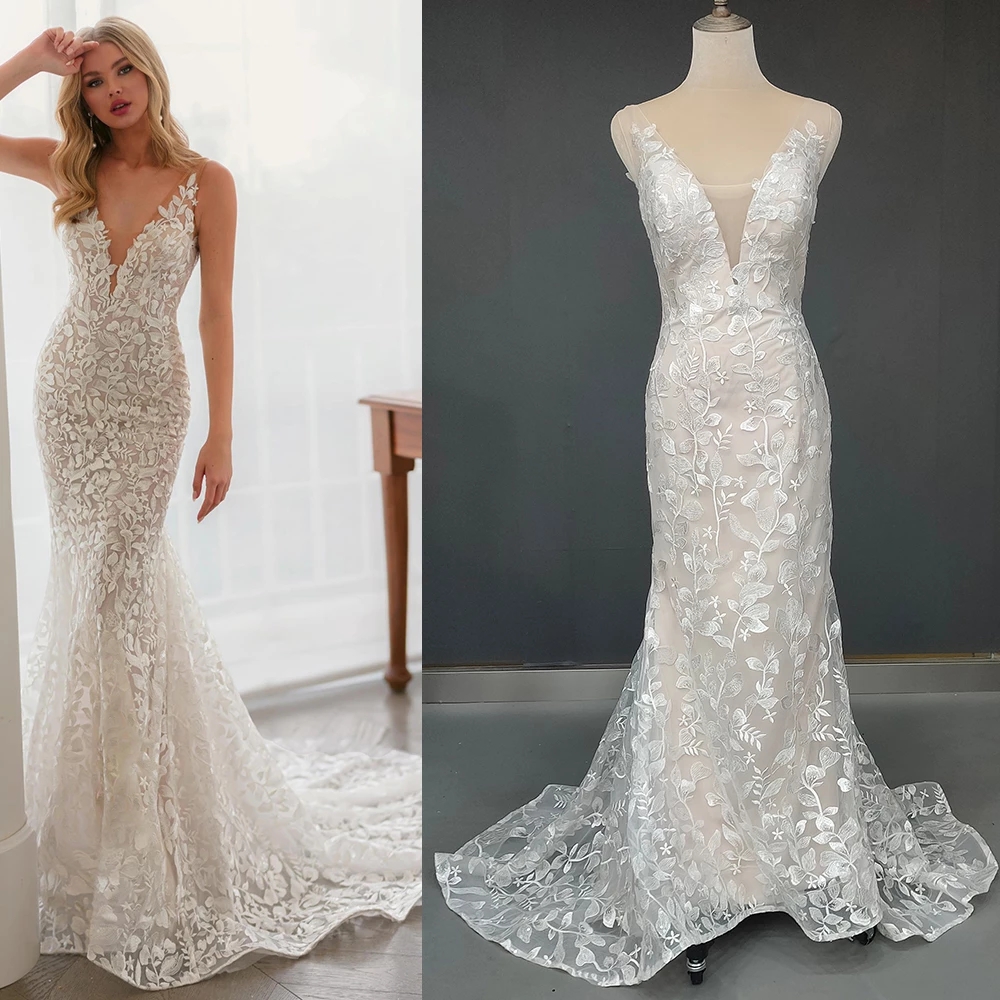 

Mermaid Embroidery Lace Wedding Dress Backless V Neck Fitted Hourglass Floral Custom Made Bridal Gowns, Champagne