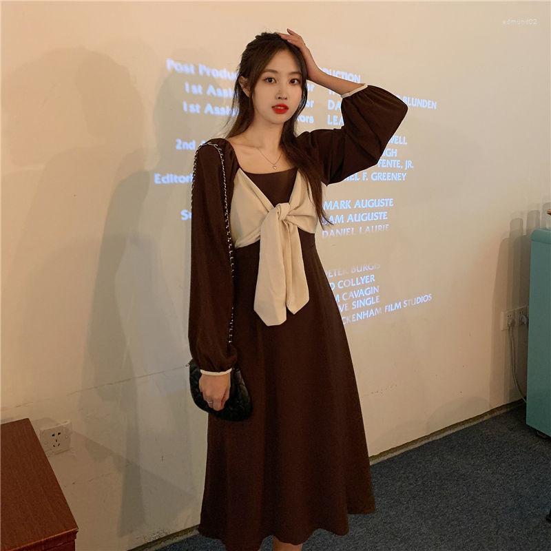 

Casual Dresses Sweet Girl Long Sleeve Corset Dress Women Summer Chic Fairy With Bandage Big Hem Patchwork Square Collar Cottagecore, Black