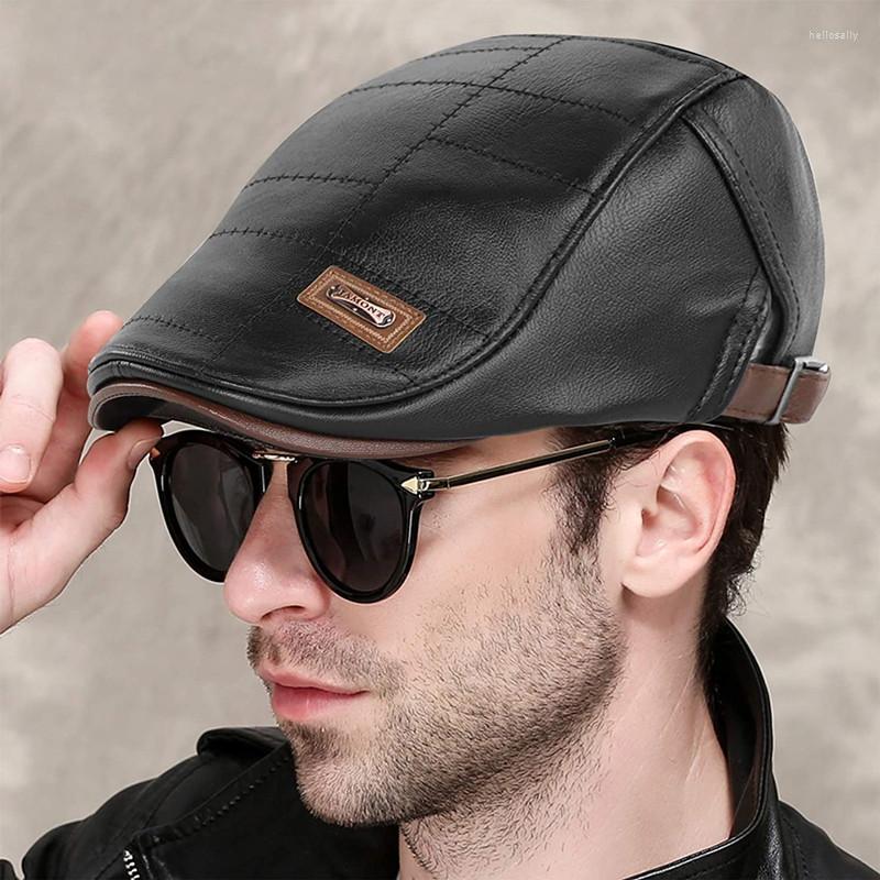 

Berets Vintage Men Beret Hat Leather Sboy Flat Cap Warm Autumn Winter Male Adjustable High Quality Gatsby Mens Retro Caps