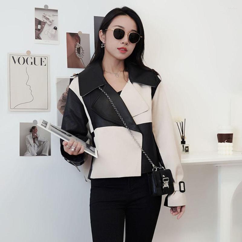 

Women's Leather Casual Black And White Color Matching Womens Genuine Jacket Spring Autumn Real Sheepskin Coat Female Chic Lady Outerwear