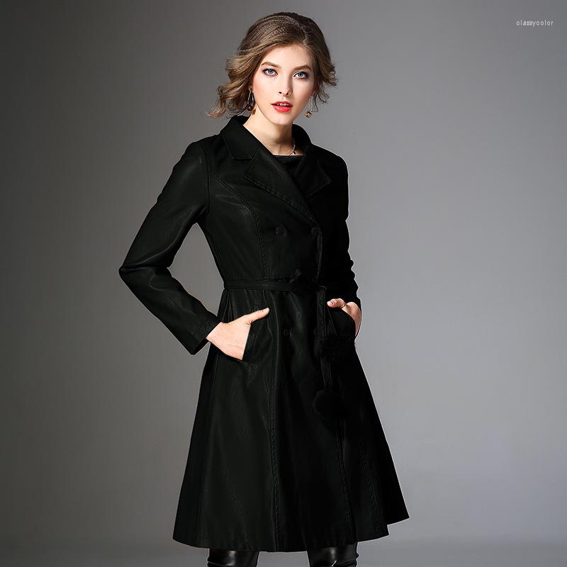 

Women's Leather European Fashion Autumn Pu Jacket Women Vintage Double Breasted Female Overcoat Lady Black Coats LX2001