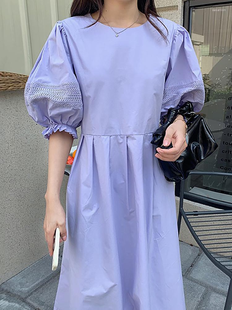 

Party Dresses Dress Long Women Summer Round Neck Stitching Cutout Crochet Lantern Sleeves Female Solid Color Woman Clothing, Black