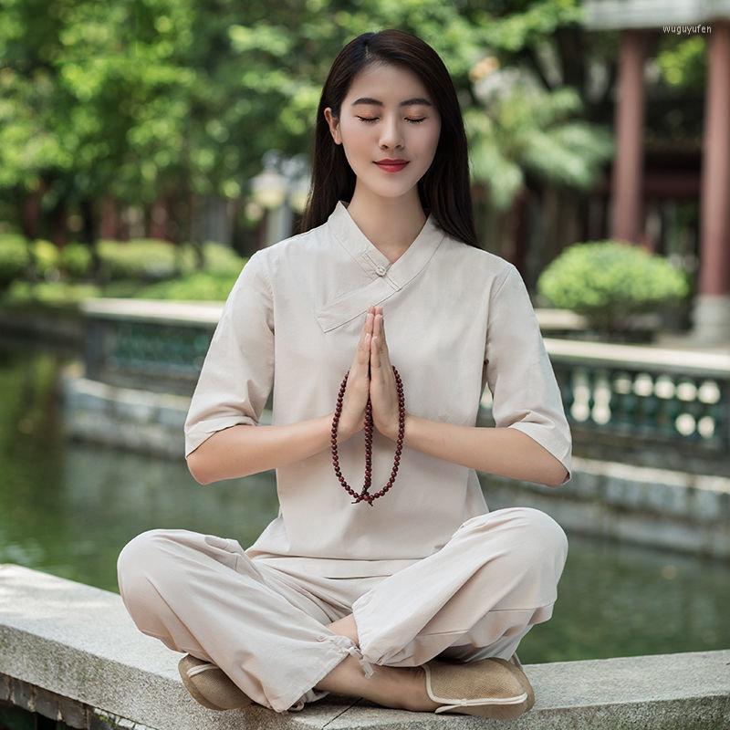 

Ethnic Clothing 12colors Women Yoga Clothes Chinese Style Zen Tang Suit Elegant Hanfu Cotton Linen Qipao Tops Pants Oriental Set
