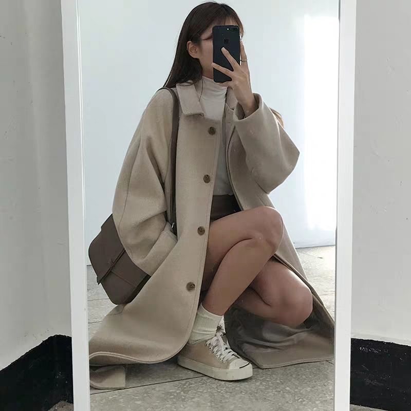 

Women's Wool Blends Black Long Coat Women Thick Winter Korean Short with Velvet Mid-length Woolen Woman Parkas Wrap Autumn 221114, Apricot