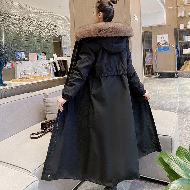 

Women's Trench Coats Long Coat Women Autumn Winter Faux Fur Collar Hooded Loose Windbreaker Cotton Padded Thick Overcoat Y537, Hei
