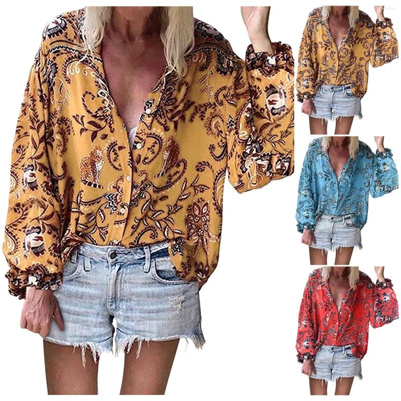 

Women' Blouses Bohemian Vintage Ladies Shirts Loose Casual Puff Long Sleeve Autumn Women Blouse Fashion V Neck Button Streetwear Tops, Sky blue