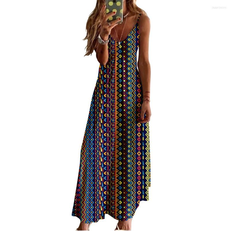 

Casual Dresses Spring Summer Women V-Neck Bohemia Printed Sexy Beach Long Maxi Dress Split Sleeveless Clothing Holiday Vestido, Xy01988x08-a504