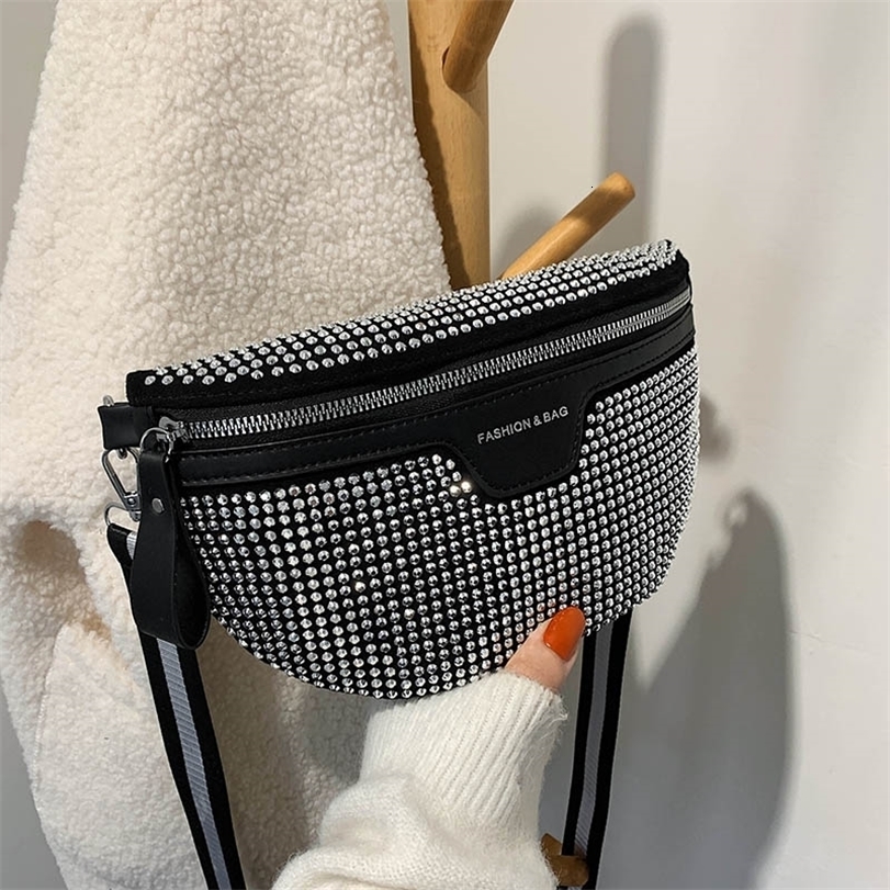

Waist Bags Luxury Rhinestones Bag For Women Belt Fashion Shoulder Crossbody Chest Female Fanny Pack Brand Packs 221114, Silver
