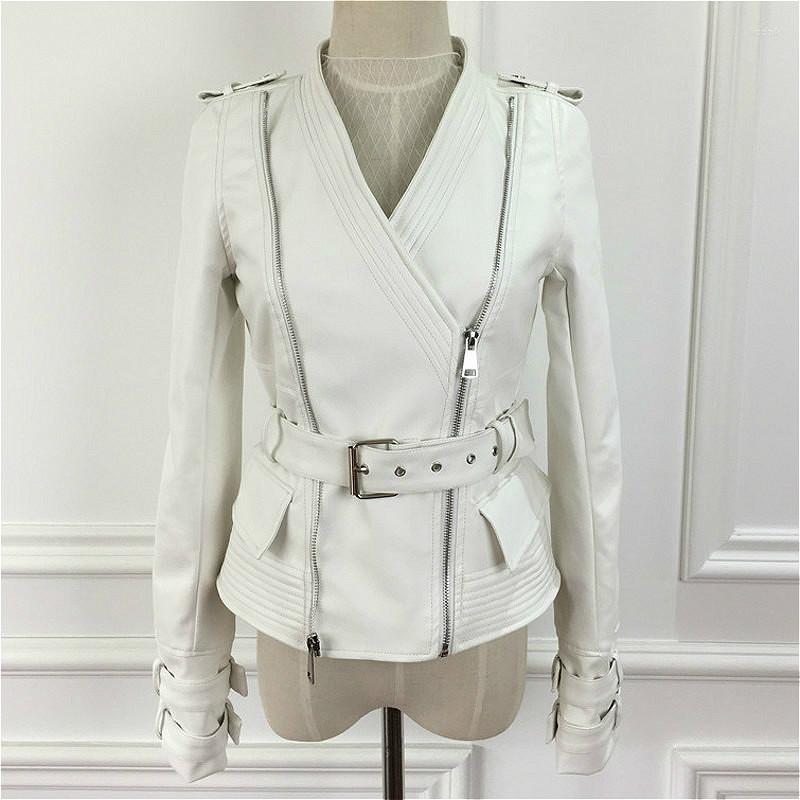 

Women' Leather Women Spring Autumn White Faux Jacket Female Fall Slim Motorcycle Biker PU Ladies V Neck Black Short Coat Clothes