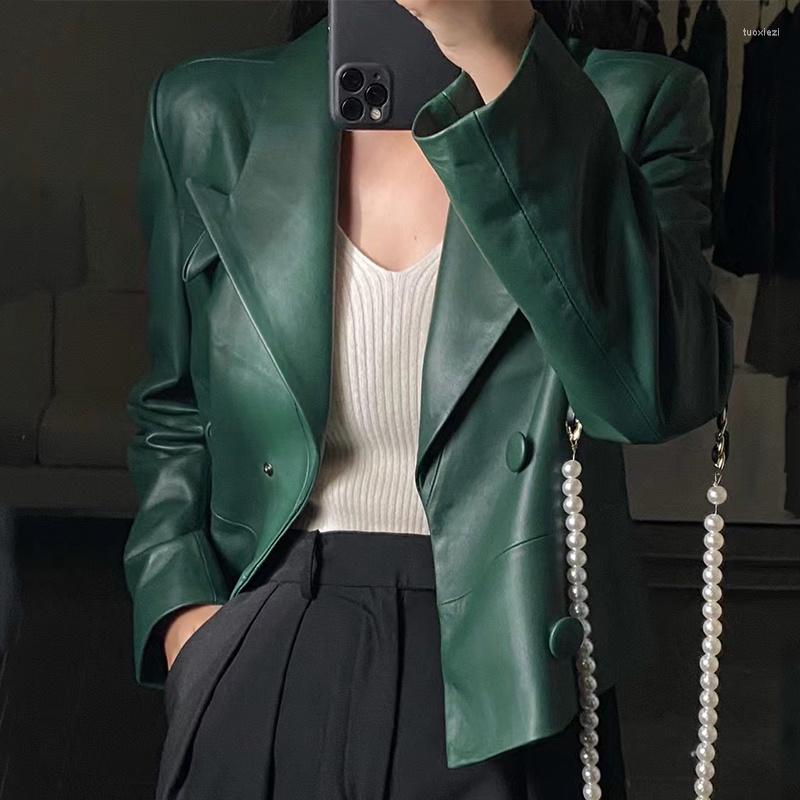

Women' Leather 2022 Sheepskin Suit Coat Women' Spring Retro And Modern Double Short Breasted Slim Fit Lapel Genuine Jackets, Black