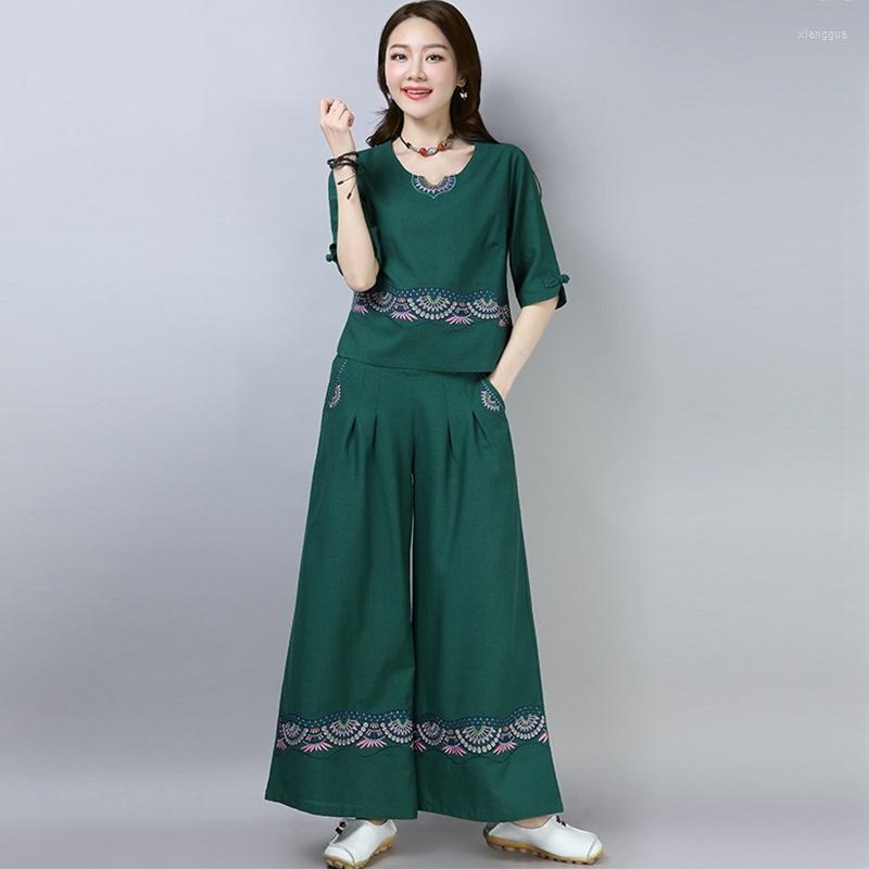 

Ethnic Clothing Chinese Style 2 Piece Sets Womens Outfits Cotton Linen Wide Leg Pant Set Tang Suit Female Elegant Two Summer 11244