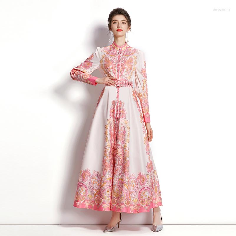 

Casual Dresses 2022 Autumn Long Dress For Women Elegant Fashion Ankle-Length Party Robe Lantern Sleeve STAND Collar Empire Vintage Pink, Pink floral print