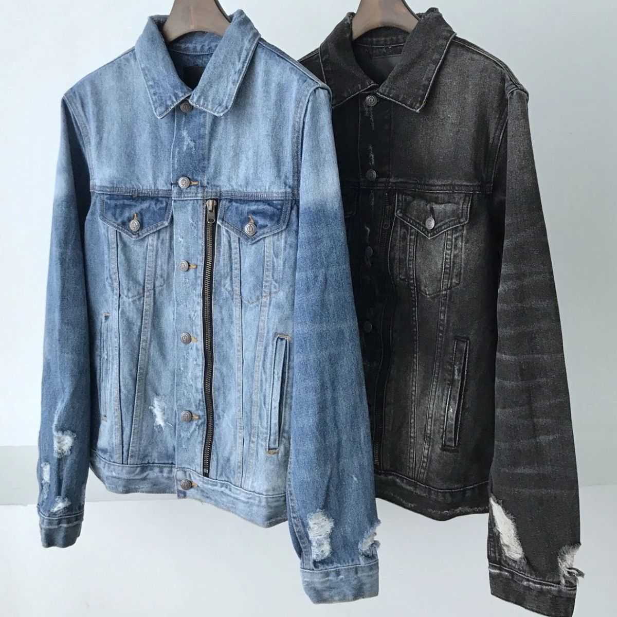 

Men Designer Coats Amri Fashion Jackets Trendy R13 Zipper Water Wash Worn Hole Denim Coat Casual Fit Celebirity Cowboy Denim Winter Thick, Black