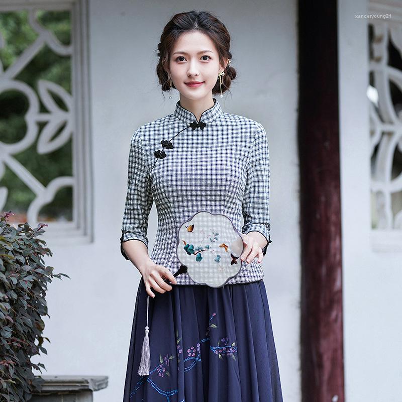 

Ethnic Clothing Sheng Coco Chinese Style Lattices Sets Traditional Women Improved Cheongsam Top Suit Slim Plaid Blouse