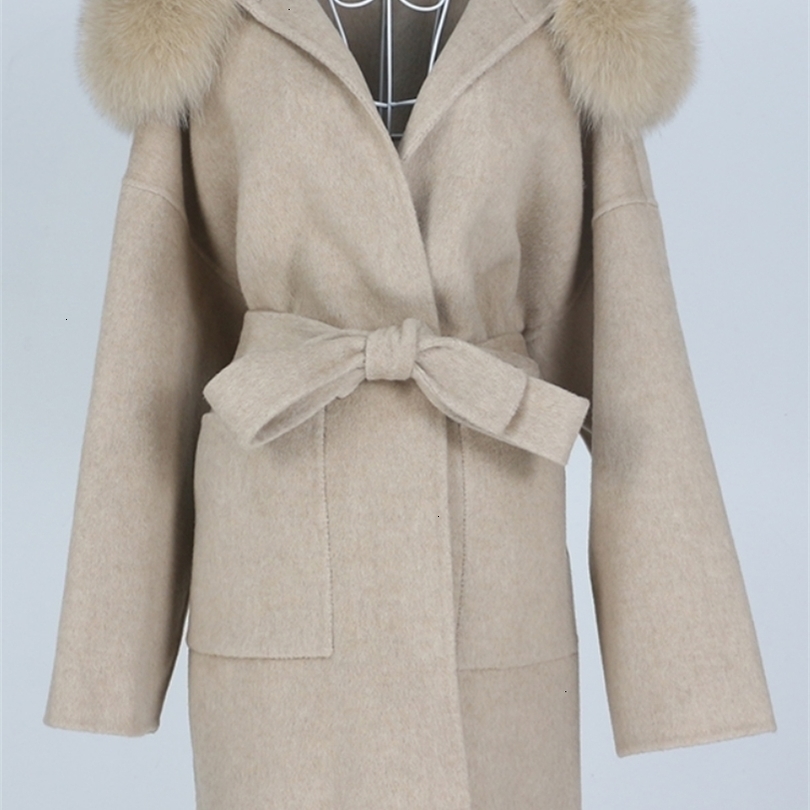 

Womens Wool Blends OFTBUY Oversize Loose Cashmere Real Fur Coat Winter Jacket Women Natural Collar Hood Outerwear Belt 221113, Short camel