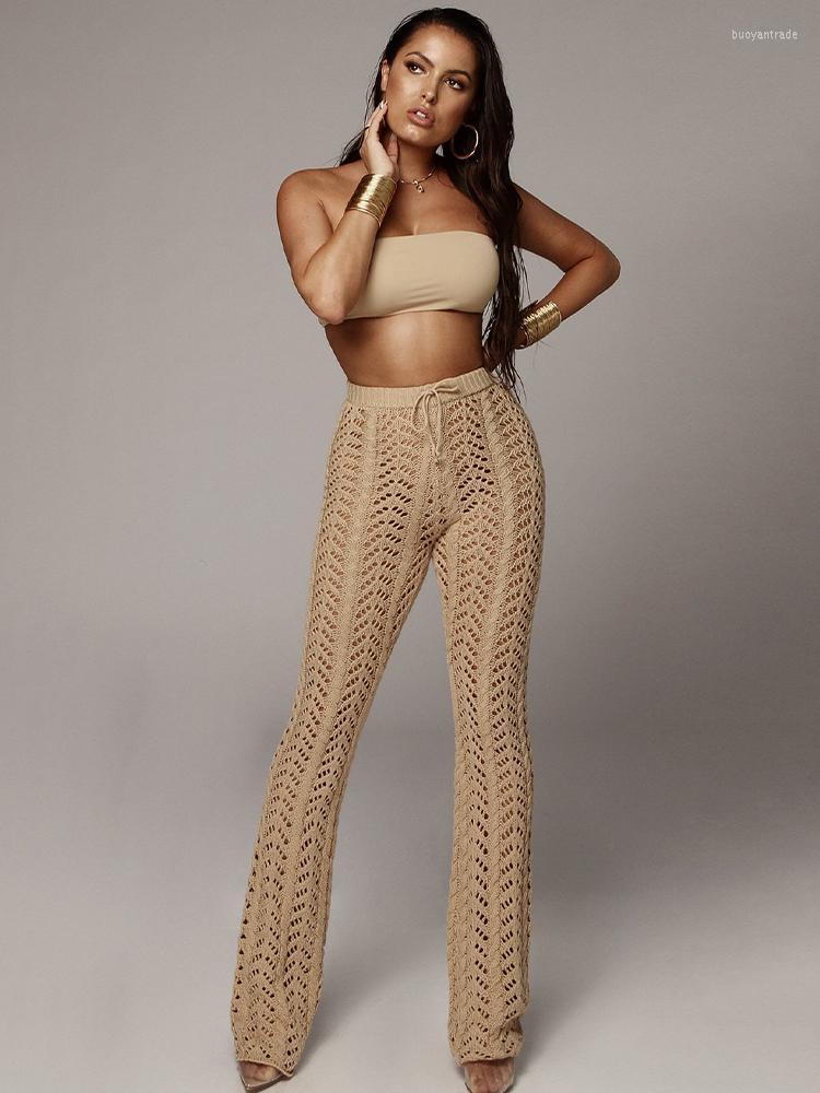 

Women' Pants 2022 Women Hand Crochet Knitted Beach Trouser For Summer Drawstring High Waist Flare Pant Simple Hollow See Through Leggings, Black