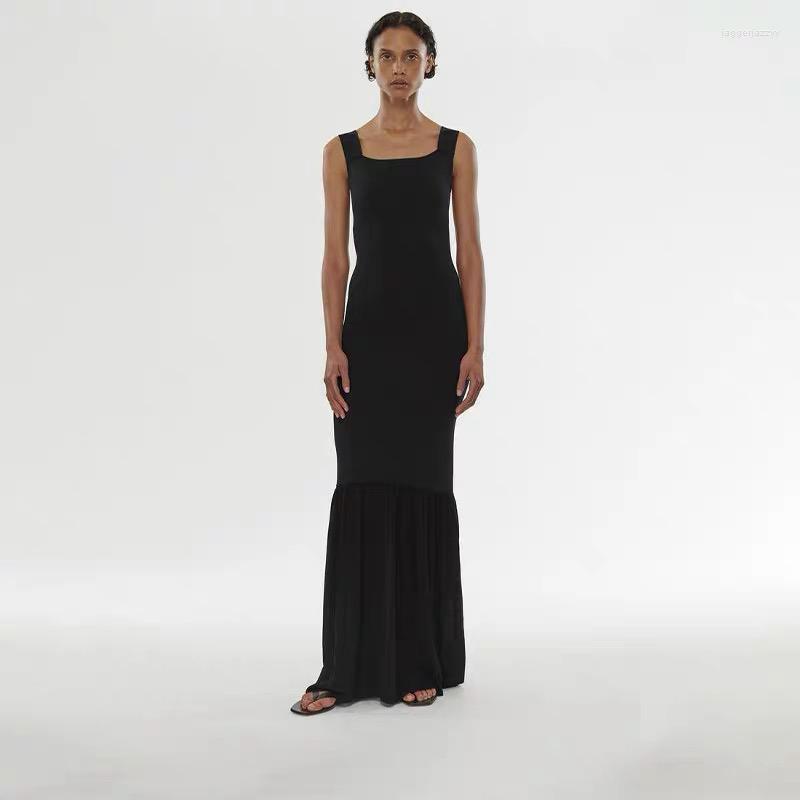 

Casual Dresses Minimalist Chic Black Knit Tank Long Dress Simplicity Sleeveless Backless Square Collar Sheath Body-con Mermaid Party Maxi, Picture shown