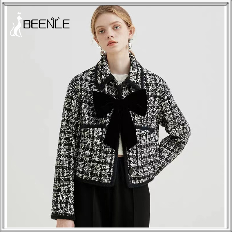 

Women's Wool Blends BEENLE Tweed Jacket Spring Woolen Suit Black Lapel Short Retro Style Bow Top Coat 221114