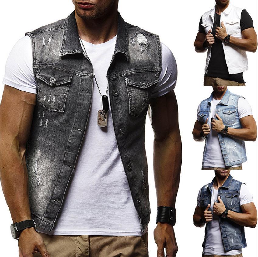 

Men's Vests Mens Slim Fit Autumn Spring Denim Ripped Turn Down Collar Waistcoats Sleeveless Jeans Jackets J3006 221114, White
