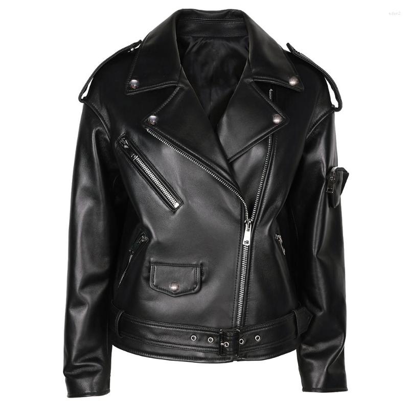 

Women' Leather YOLOAgain Real Jacket Women Belt Oversize BF Style Streetwear High Street Biker Coat, Black