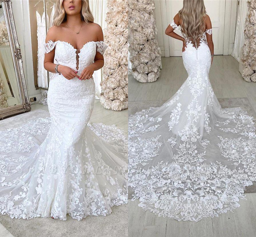

Elegant Off The Shoulder Lace Mermaid Wedding Dresses Tulle Lace Applique Beach Bride Dresses Chapel Train Boho Counrty Bridal Gowns BC5088, White