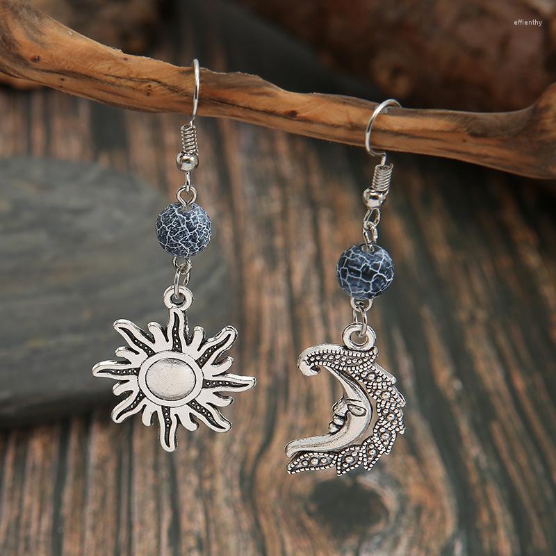 

Hoop Earrings Grey Stone Beads Asymmetric Sun Moon For Women Bohemian Antique Silver Color Hollow Out Female Jewelry
