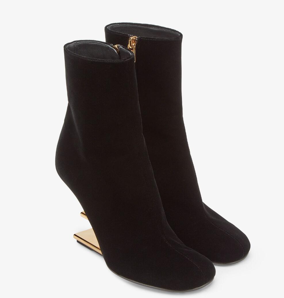 

Winter Brand Luxury First Women Ankle Boots Nude Black Nappa Leather F-shaped Heels Rounded Toe Boot Gold-colored Metal Lady Booties EU35-43 Box