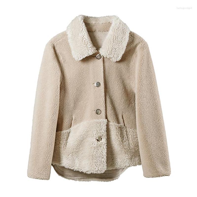 

Women's Fur Women's Faux Jacket Cropped Coat Suit Collar Stitching Sheep Shearling Thick Warm Winter Fashion S4753, Beige