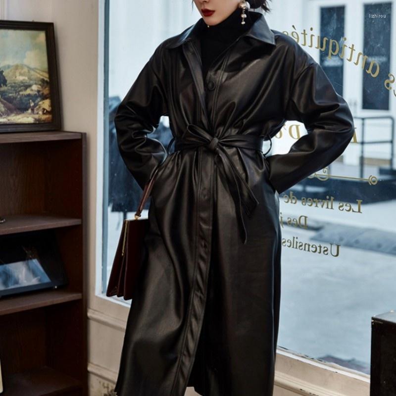 

Women' Trench Coats Women Fashion Pu Leather 2022 Autumn Single Breasted Belt Split Long Outerwear Office Ladies Black Windbreakers