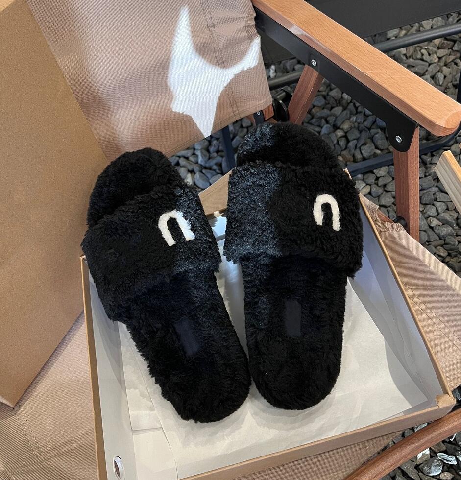 

Women's Flat Bottom Slipper Leisure Lamb Wool Winter Slippers Designer Shoe Plush Outdoor Slipper furry Fluffy Warmth Women Thick-Soled Scuffs, Black