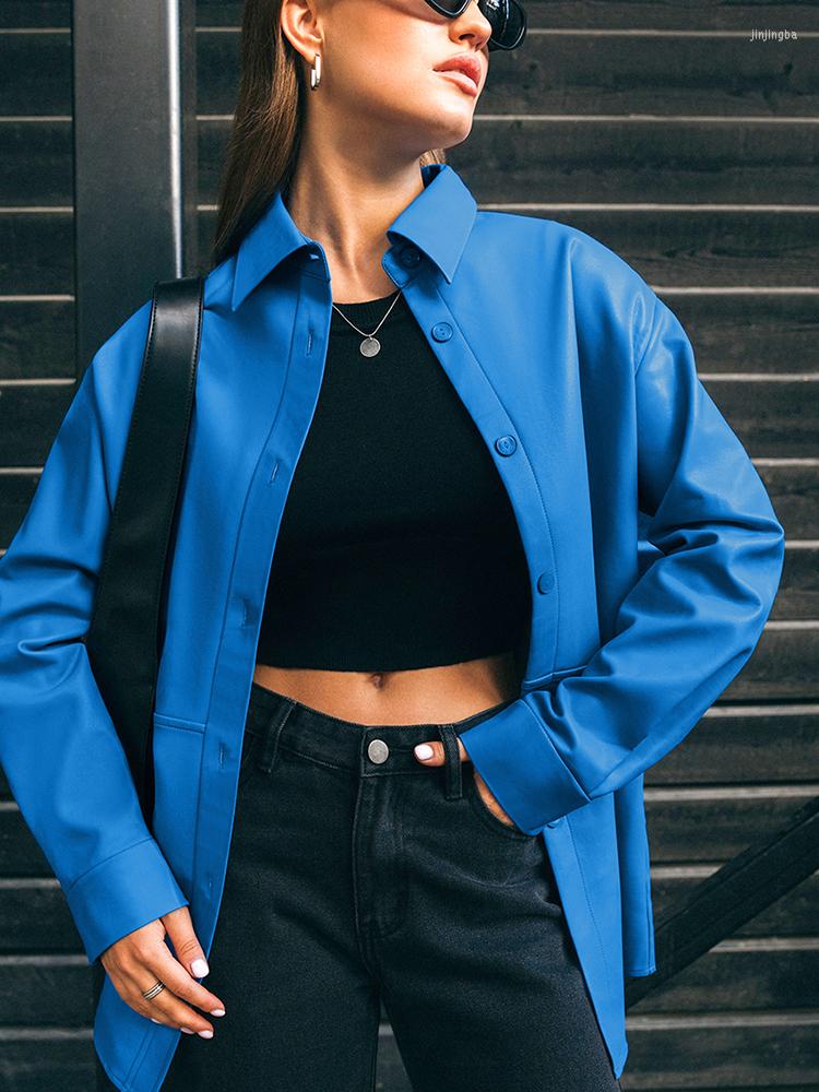 

Women' Jackets Fashion Faux Leather Women Jacket Turn Down Collar Oversize Pu Coat Autumn Winter Long Sleeve High Street Classy, Blue