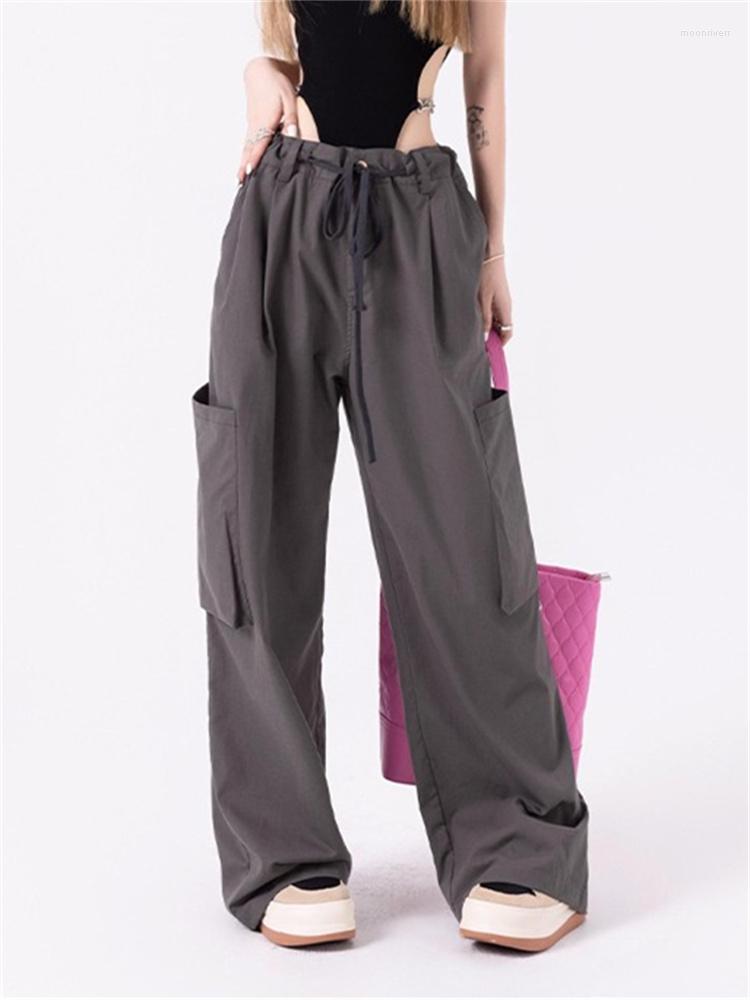 

Women' Pants QWEEK Y2K Cargo Women Korean Fashion 90s Vintage Low Waist Parachute Trousers Oversized Harajuku Retro Wide Leg Sweatpants, Gray