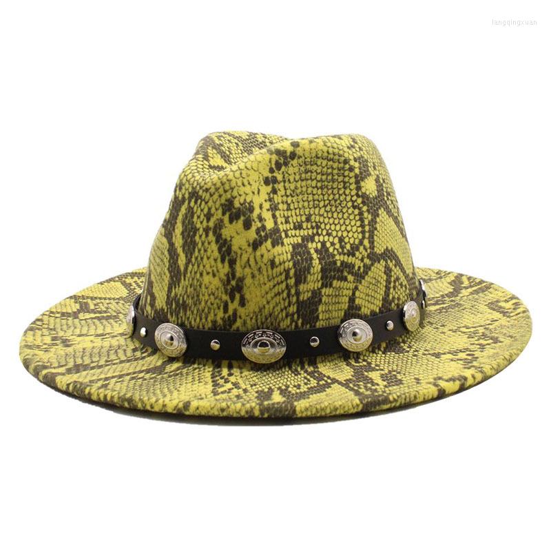 

Berets Fedoras Snake Pattern Unisex Fedora Hat Men Panama Top Cap With Leather Chains Large Brim Party
