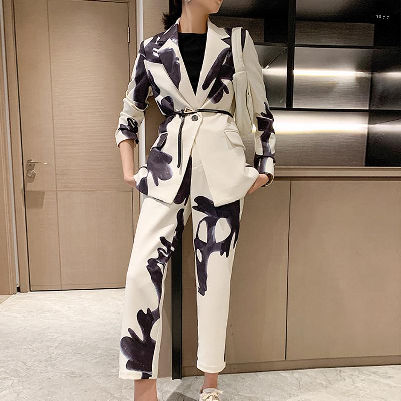 

Women's Two Piece Pants Casual Print Set For Women Lapel Patchwork Diamond Tops High Waist Loose Female Sets 2022 Fashion, Mixed