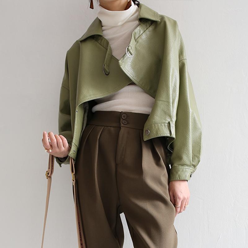 

Women' Leather Women Loose Streetwear Jacket Spring Autumn Batwing Sleeve Faux Coat Ladies Green Moto Biker Outwear, Beige